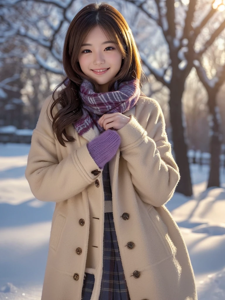 (Winter date ), ((Cute style outfit for a very cold day:1.2)), (( Stylish Coat:1.4)), View the viewers, Japanese female university student, ( one woman:1.2),  she's so beautiful ,  pubic skin,  perfect face,  cute and symmetrical face with water up to the chest,  light brown hair ,  medium hair,  wave hair,  hair gathered together in purple fabric, makeup, Beautiful Hair,  beautiful face,  Beautiful Attention to Details,  Beautiful Fingers , (In a snowy park), (Cute Smile), ( realistic ,  Real As Pictured:1.4),  very detailed,  shallow depth of field ,  perfect anatomy, Perfect limbs, Perfect hands,  perfect eyes,  Perfect Body , smile,  double eyelids , ( Natural Lighting ,  movie lights),