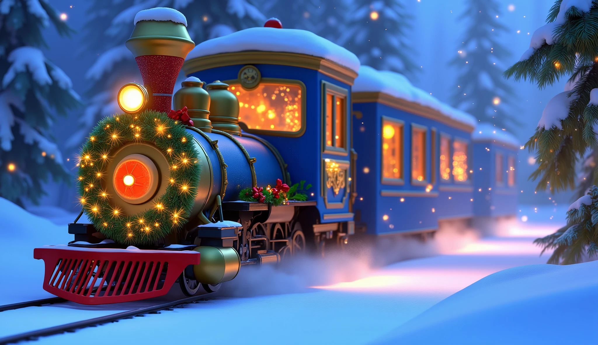 A Pixar-style cartoon close-up shot of the blue wagons of a Christmas train speeding through a snowy forest. The vibrant blue panels of the wagons are adorned with glowing garlands, shiny red ribbons, and twinkling fairy lights, all blurred slightly by the motion.  

The frosted windows emit a warm golden glow, reflecting the shimmering snowflakes falling around the train. In the foreground, dynamic streaks of snow are kicked up by the train wheels, while the blurred snowy pine trees in the background create a sense of speed and magic.  