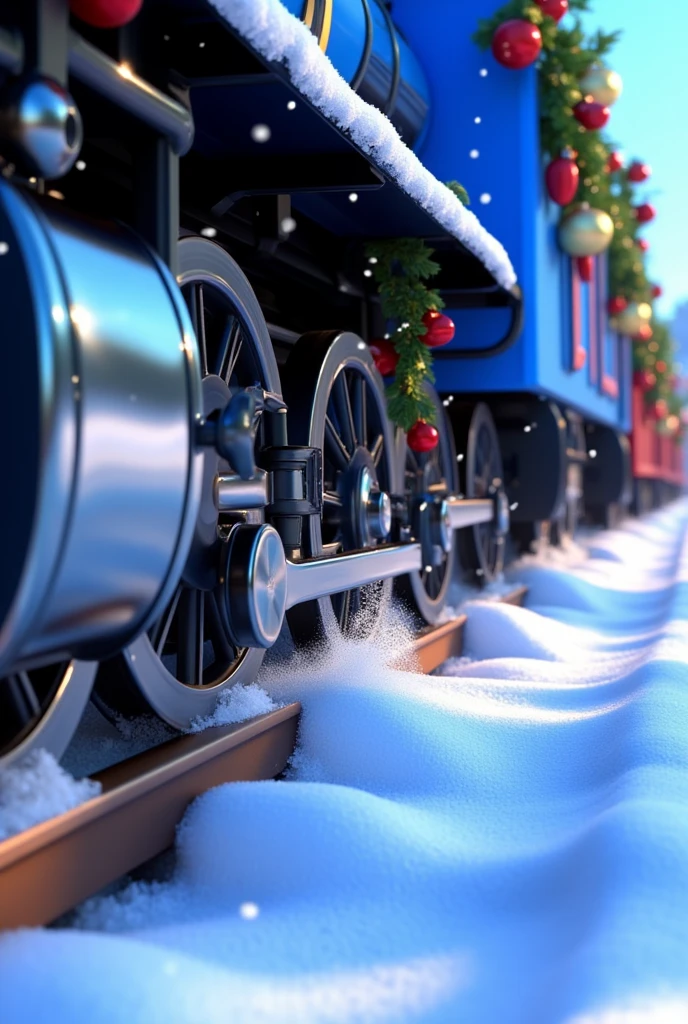 An extreme close-up Pixar-style cartoon shot of the steel wheels of the blue Christmas train cutting through snow-covered tracks. The polished steel glints in the soft winter light, while fluffy clouds of snow spray up dramatically as the wheels churn forward.  

The edge of a bright blue wagon is visible at the top of the frame, its garlands and ornaments reflecting faintly on the steel surface of the wheels. Snowflakes drift lazily in the air, adding a serene contrast to the train’s powerful motion.  