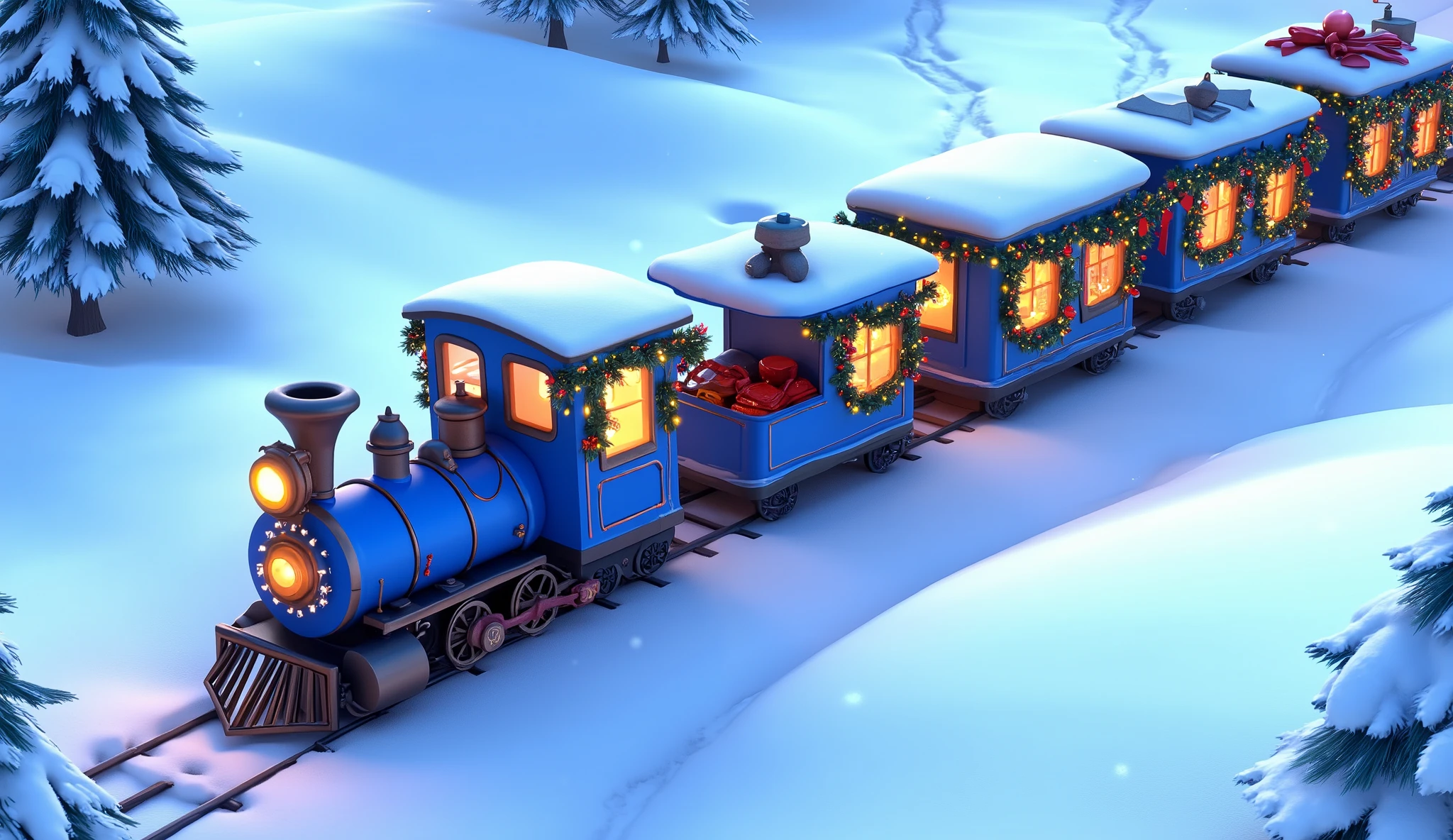 A top-down Pixar-style cartoon shot of a fully blue Christmas train cutting through a vast snowy meadow. Each wagon, painted a consistent vibrant blue, is wrapped with glowing garlands and decorated with shiny red bows and festive ornaments.  

The untouched snow stretches across the meadow in smooth, rolling hills, with faint trails from animals crisscrossing the landscape. The train’s golden-lit frosted windows add a touch of warmth, while snowflakes drift gently through the crisp winter air. The blue train creates a striking contrast against the endless white snow, emphasizing its magical presence in the serene scene.  