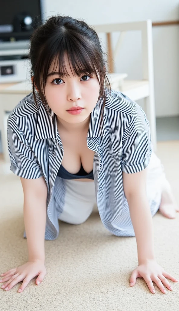 (((Low angle shooting、Biologically correct images、   staring at the camera  :1.22,  lean forward , loose open shirt 、  no underwear)))