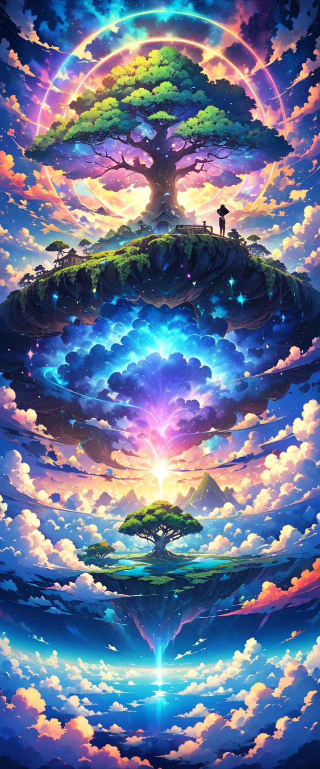  drawn in psychedelic colors 、An island floating in a sea of clouds 々。 A huge tree stretches toward the sky 、 A mysterious light shines at its base。 like an entrance to another world 、 A fantastic and mysterious landscape 