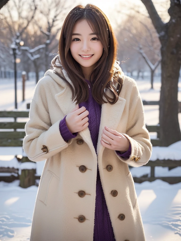 (Winter date ), ((Cute style outfit for a very cold day:1.2)), (( Stylish Coat:1.4)), View the viewers, Japanese female university student, ( one woman:1.2),  she's so beautiful ,  pubic skin,  perfect face,  cute and symmetrical face with water up to the chest,  light brown hair ,  medium hair,  wave hair,  hair gathered together in purple fabric, makeup, Beautiful Hair,  beautiful face,  Beautiful Attention to Details,  Beautiful Fingers , (In a snowy park), (Cute Smile), With open arms, ( realistic ,  Real As Pictured:1.4),  very detailed,  shallow depth of field ,  perfect anatomy, Perfect limbs, Perfect hands,  perfect eyes,  Perfect Body , smile,  double eyelids , ( Natural Lighting ,  movie lights),