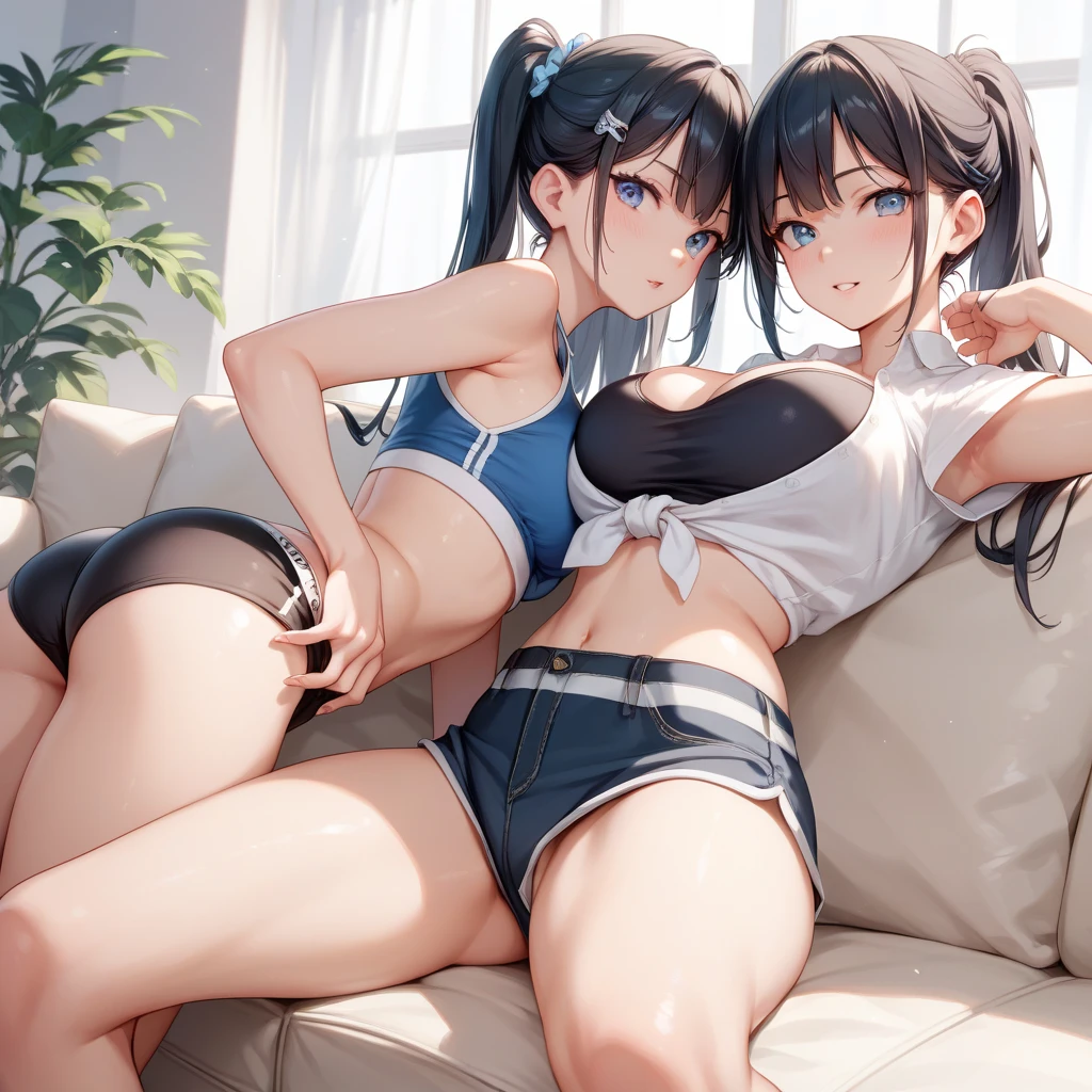 2 girls,  sitting on a sofa with open legs,  black underwear, straight black hair 