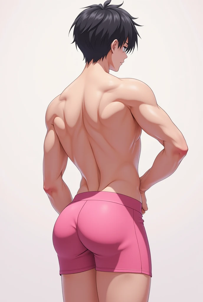 Anime man of the masculine gender who is not strong and has no muscles who also has a more feminine butt and MUCH MORE MUCH MORE VERY BIG and VERY perky that is facing the screen and is wearing VERY small and EXTREMELY tight pink panties, so much so that the character&#39;s face is flushed with pleasure.