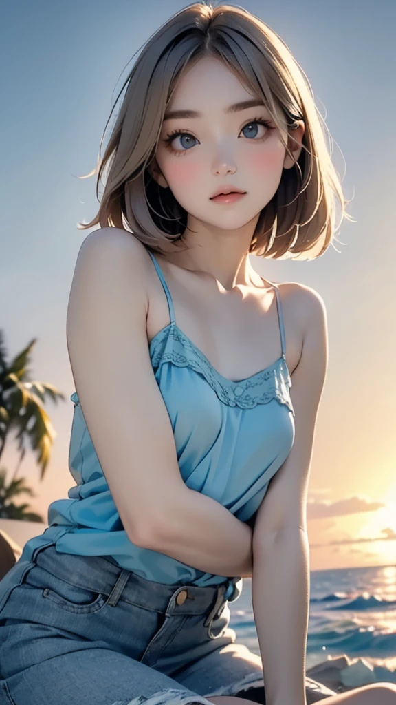 one girl, ***** face, cute face, ash gray hair:1.5, bob hair, short hair, camera's line of sight, small breasts, An ennui look, (((camisole, dress))) , particles of light, sea of ​​sunset, calm sea, white sand beach, very beautiful sunset, RAW photo, highest quality, High resolution, High resolution, masterpiece:1.3, 8k, 12k, professional photographer,((Extremely precise and accurate anatomy:1.0)),Kind eyes,Graceful pose,(Beauty of form:1.4) Golden ratio, big eye,(nature's providence:1.4),