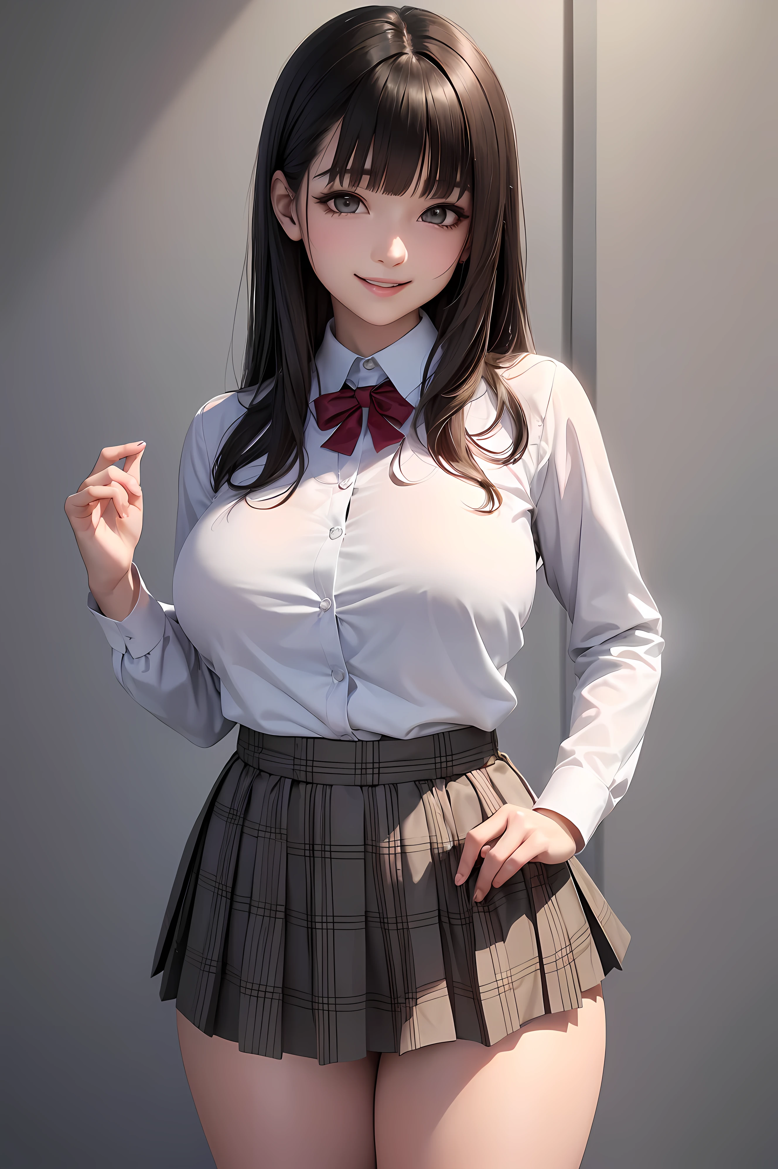 (ultra-detailed),( Japanese girl ),(1 person,Age 15),( school uniform, white long sleeve shirt, Grey Plaid Short Pleated Skirt, Black Knee High Socks ),(light brown eyes,Cute eyes, look at me and smile:1.3),( Very Big Breasts),( big thighs),( black hair, medium straight hair),(blunt bangs:1.2),School, cowboy shot,( anime style,8k, best quality, masterpiece, clear, best quality, ultra high res, super detail, accurate, high details, highres icon,detailed eyes,detailed face)