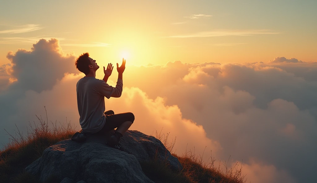ultra realistic image of a person kneeling on a mountain, with arms raised in prayer, surrounded by a soft light and divine dawn, convey depth