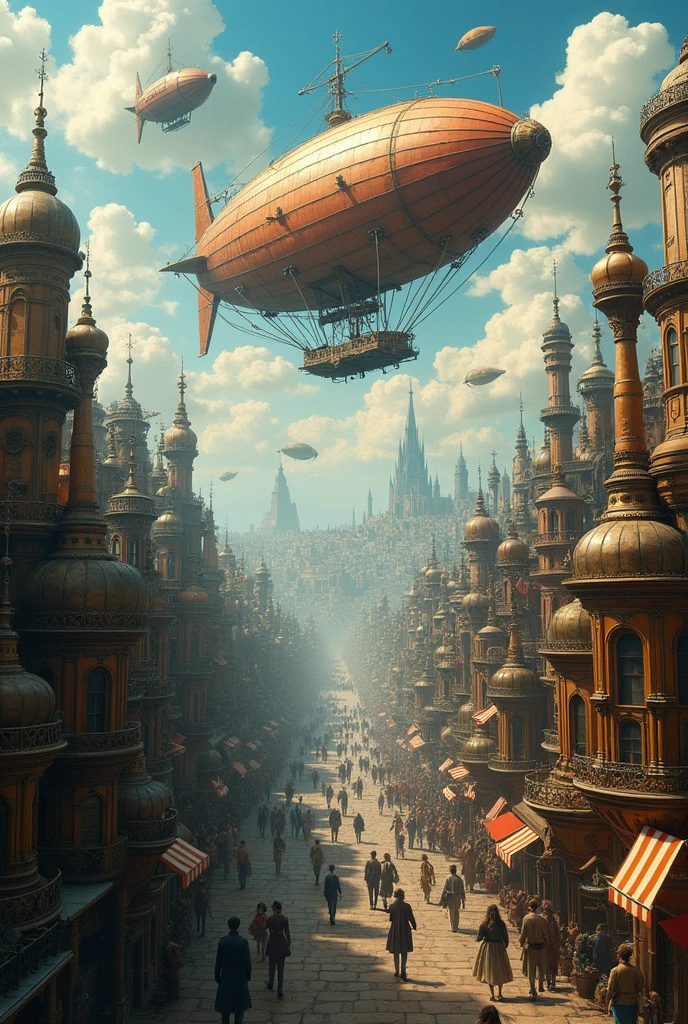 A breathtaking steampunk world from the perspective of an airship, showcasing a sprawling cityscape filled with intricate gears, steam-powered machinery, and Victorian architecture. The sky is adorned with drifting clouds and other flying vessels, while the streets below are bustling with people in period attire, rich in detail and atmosphere.