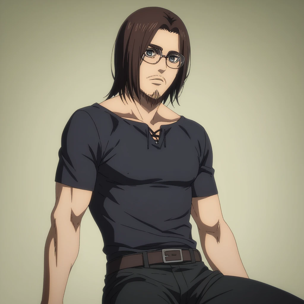 adult man, Does he have a handsome facial long beard , On a thin beak, His eyes are grey, well detailed eyes, relaxed gaze ,  dark brown hair ,  medium hair, black shirt,  black pants ,  anime style  , attack on titan, type of animation animation company Mappa.  a single character,  HIGH QUALITY, good resolution, The character is looking at the spectator, The beard is a lumberjack type,  male anime character,  Detailed anime character art ,  official art , rostro de adult man, The character is standing,  looking in the front, relaxed arms, The character wears glasses , The character can only be seen from the torso up
