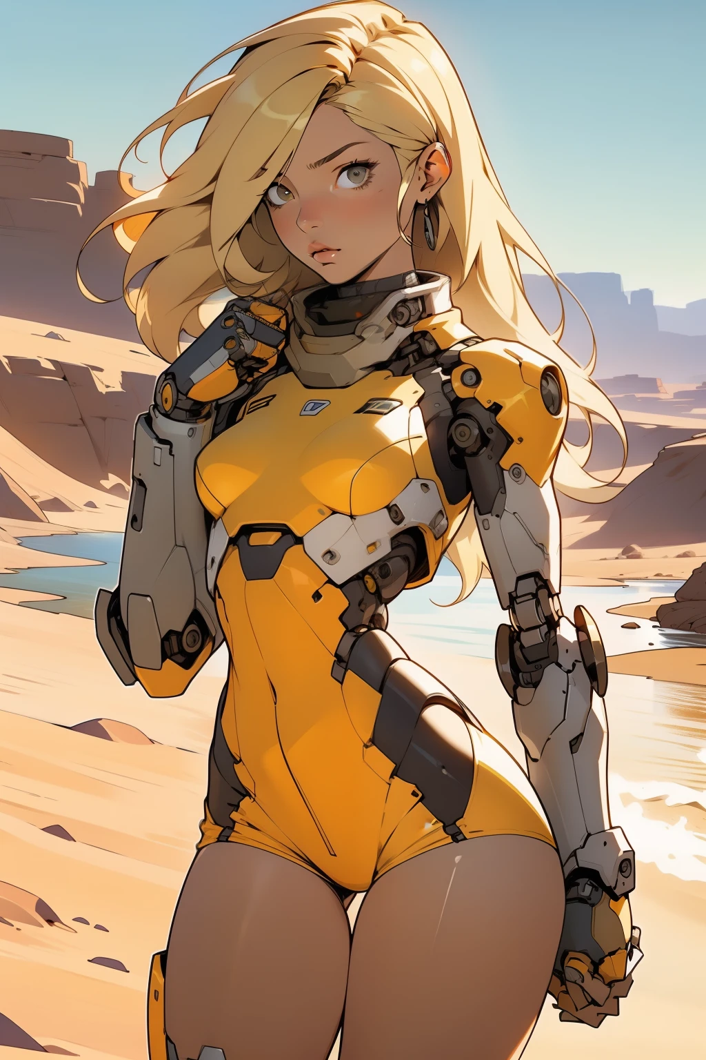 high quality, 4k, masterpiece, beautiful, cyborg girl, cowboy shot, dull eyes, front, looking at viewer, long blonde hair, girl, small breasts, fit thighs, robotic arms, robotic body, cyborg body, white & yellow uniform, orange accent, intricate detail, joint, detailed lines, robotic detail, holding fist up, holding hand up as fist, color robotic parts, robotic parts with color, perfect fingers, on a desert planet, sunny background, colorful desert, a river or a lake in the background, slender thighs, skinny thighs,