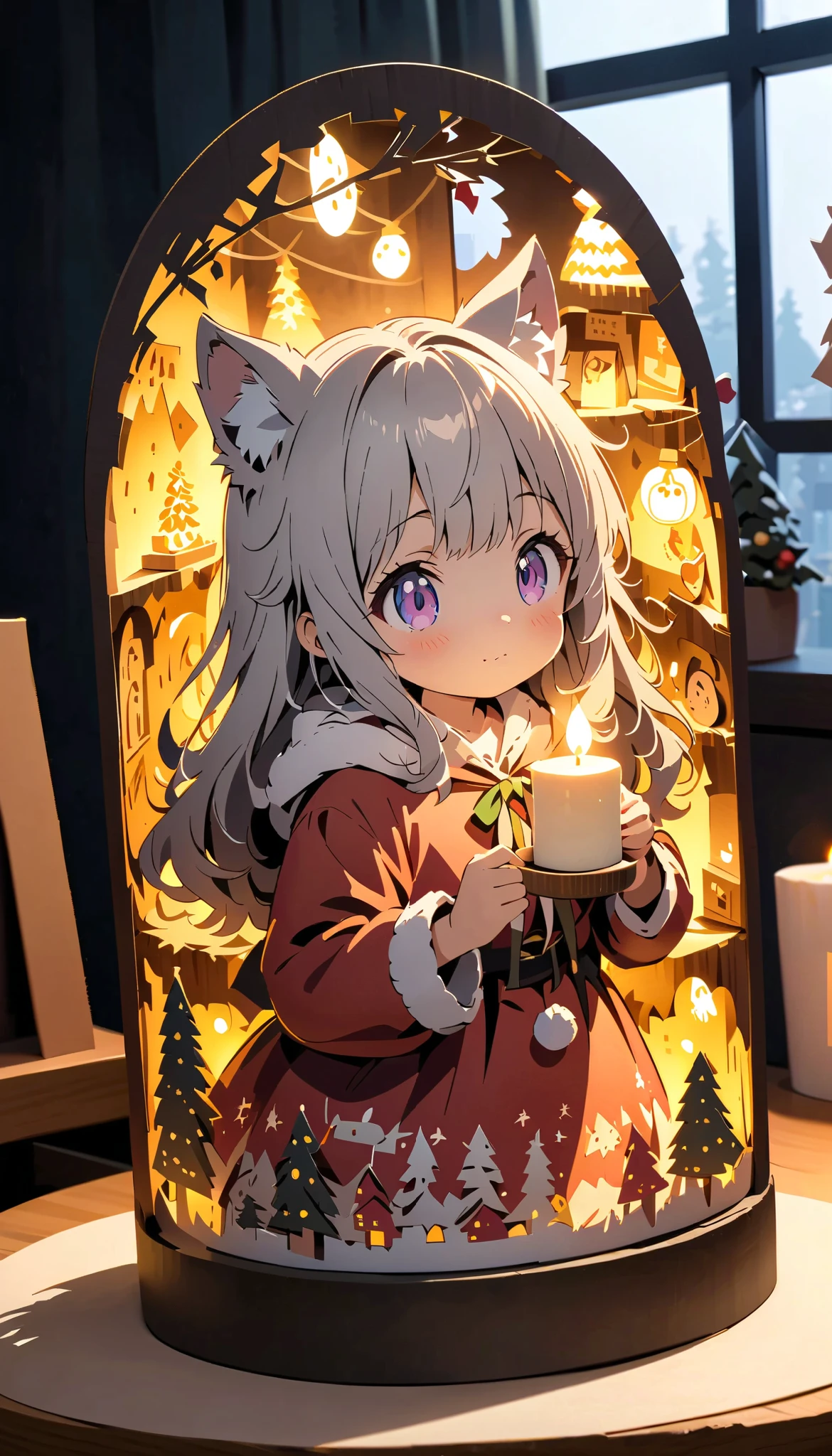 (masterpiece:1.2), ( top quality:1.2),  super high resolution,  very detailed,  perfect lighting , Werewolf girl holding a candle , Grey Hair,  Santa Claus costume, プレゼントが乗ったそりとcuteトナカイ,  Christmas tree, cute,  pastel colors,  Paper Cut Art , flat paper cutouts , Paper Art,  digital art ,  anime style illustration  , anime illustration,  illuminated background, Blur, Paper cutting,  Christmas bright and pleasant macro photo 