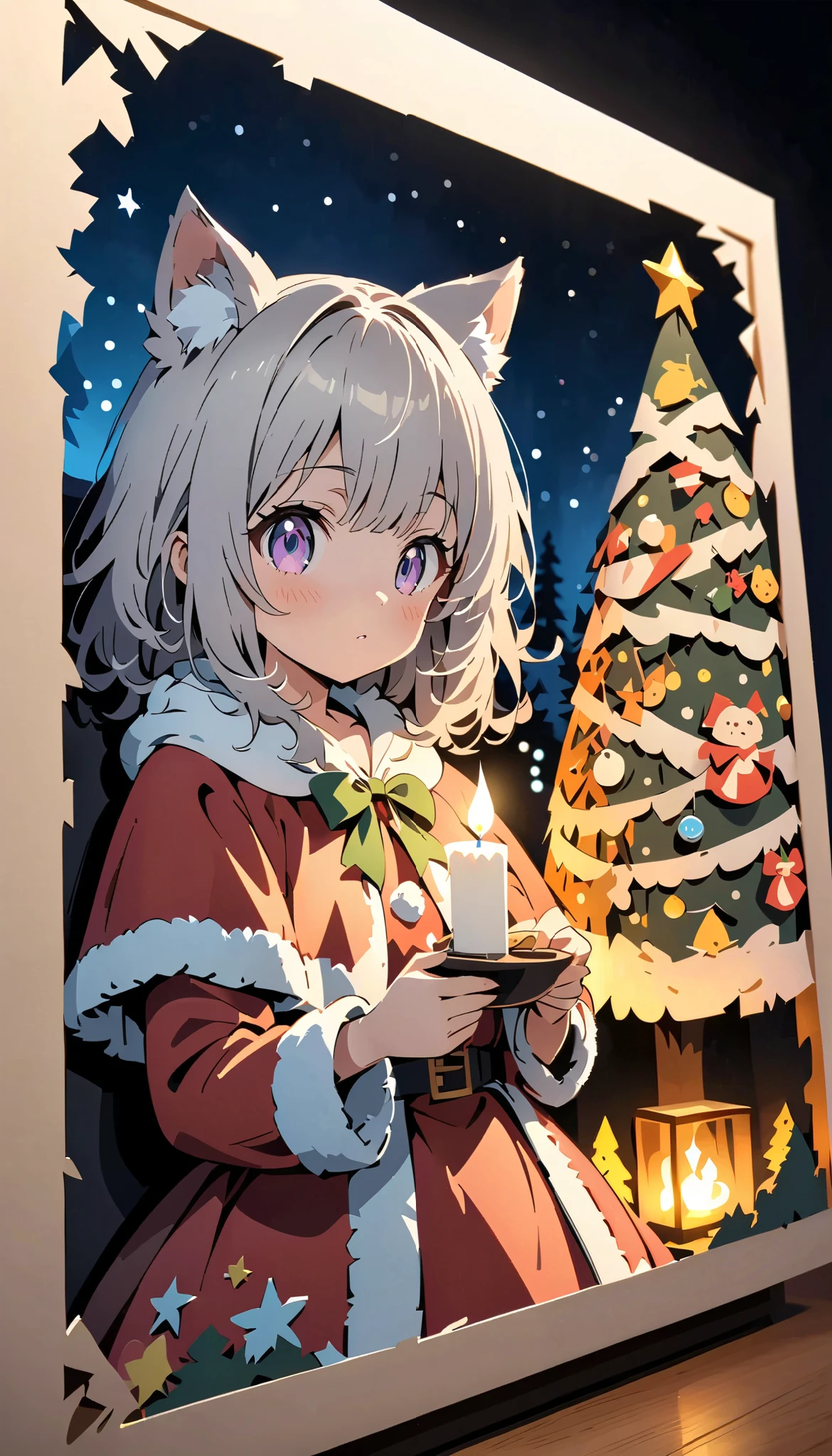 (masterpiece:1.2), ( top quality:1.2),  super high resolution,  very detailed,  perfect lighting , Werewolf girl holding a candle , Grey Hair,  Santa Claus costume, プレゼントが乗ったそりとcuteトナカイ,  Christmas tree, cute,  pastel colors,  Paper Cut Art , flat paper cutouts , Paper Art,  digital art ,  anime style illustration  , anime illustration,  illuminated background, Blur, Paper cutting,  Christmas bright and pleasant macro photo 