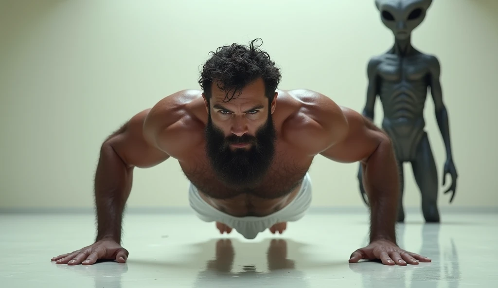 Strong young man, bearded and hairy man in white underwear doing push-ups on the floor.