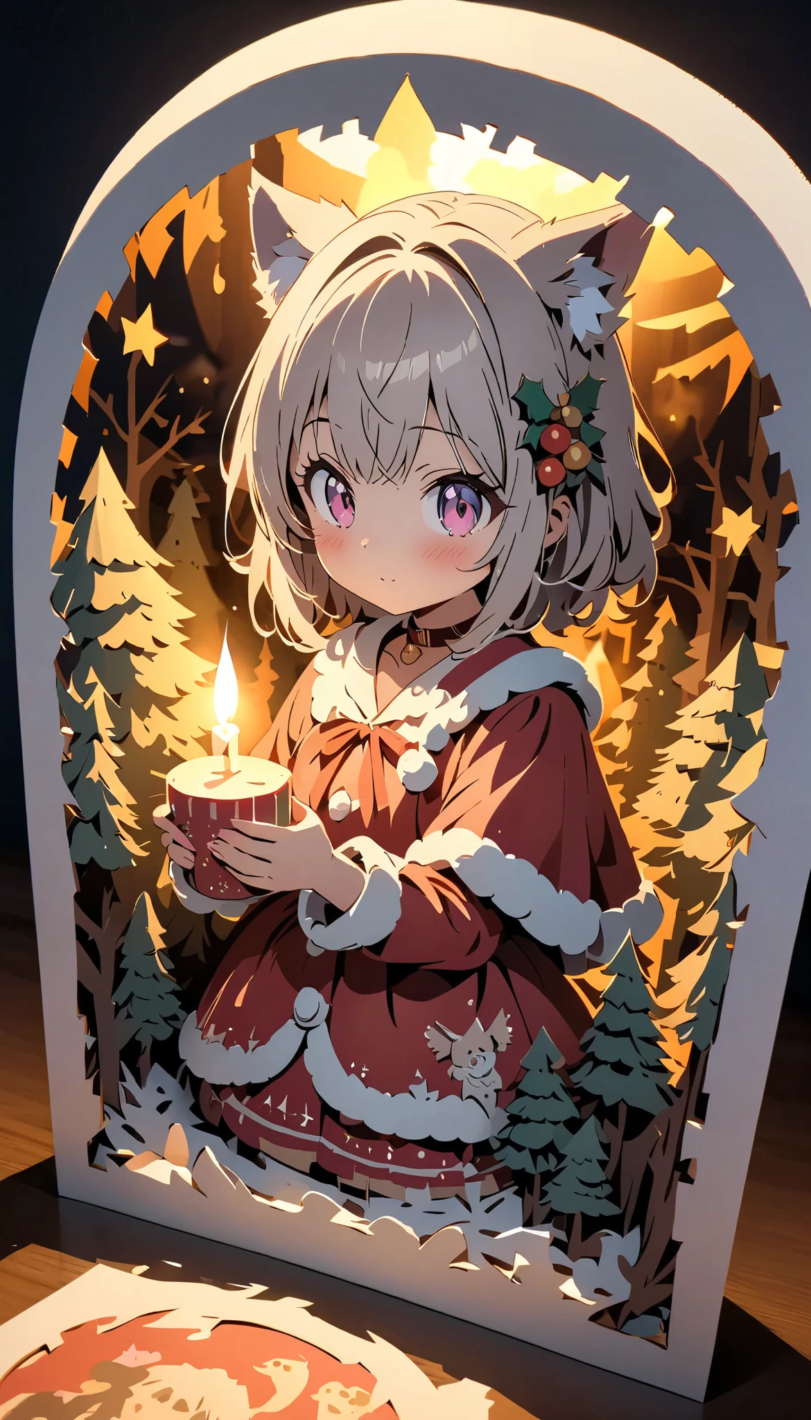 (masterpiece:1.2), ( top quality:1.2),  super high resolution,  very detailed,  perfect lighting , Werewolf girl holding a candle , Grey Hair,  Santa Claus costume, プレゼントが乗ったそりとcuteトナカイ,  Christmas tree, cute,  pastel colors,  Paper Cut Art , flat paper cutouts , Paper Art,  digital art ,  anime style illustration  , anime illustration,  illuminated background, Blur, Paper cutting,  Christmas bright and pleasant macro photo 