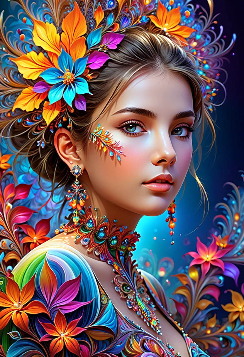  fractal art, masterpiece fails, is of the highest quality , very detailed , ultra high resolution, detailed background, abstract background, One girl, Colorful ,flowers,glowing skin,many colors,earrings