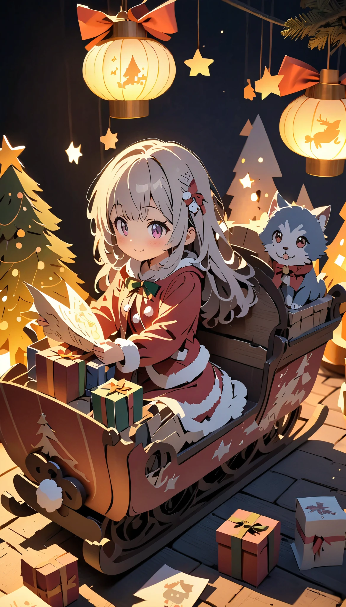 (masterpiece:1.2), ( top quality:1.2),  super high resolution,  very detailed,  perfect lighting , A werewolf girl riding a sleigh with lots of presents, Grey Hair,  Santa Claus costume, smile, Wink,  Christmas tree, cute,  pastel colors,  Paper Cut Art , flat paper cutouts , Paper Art,  digital art ,  anime style illustration  , anime illustration,  illuminated background, Paper cutting,  Christmas bright and pleasant macro photo 