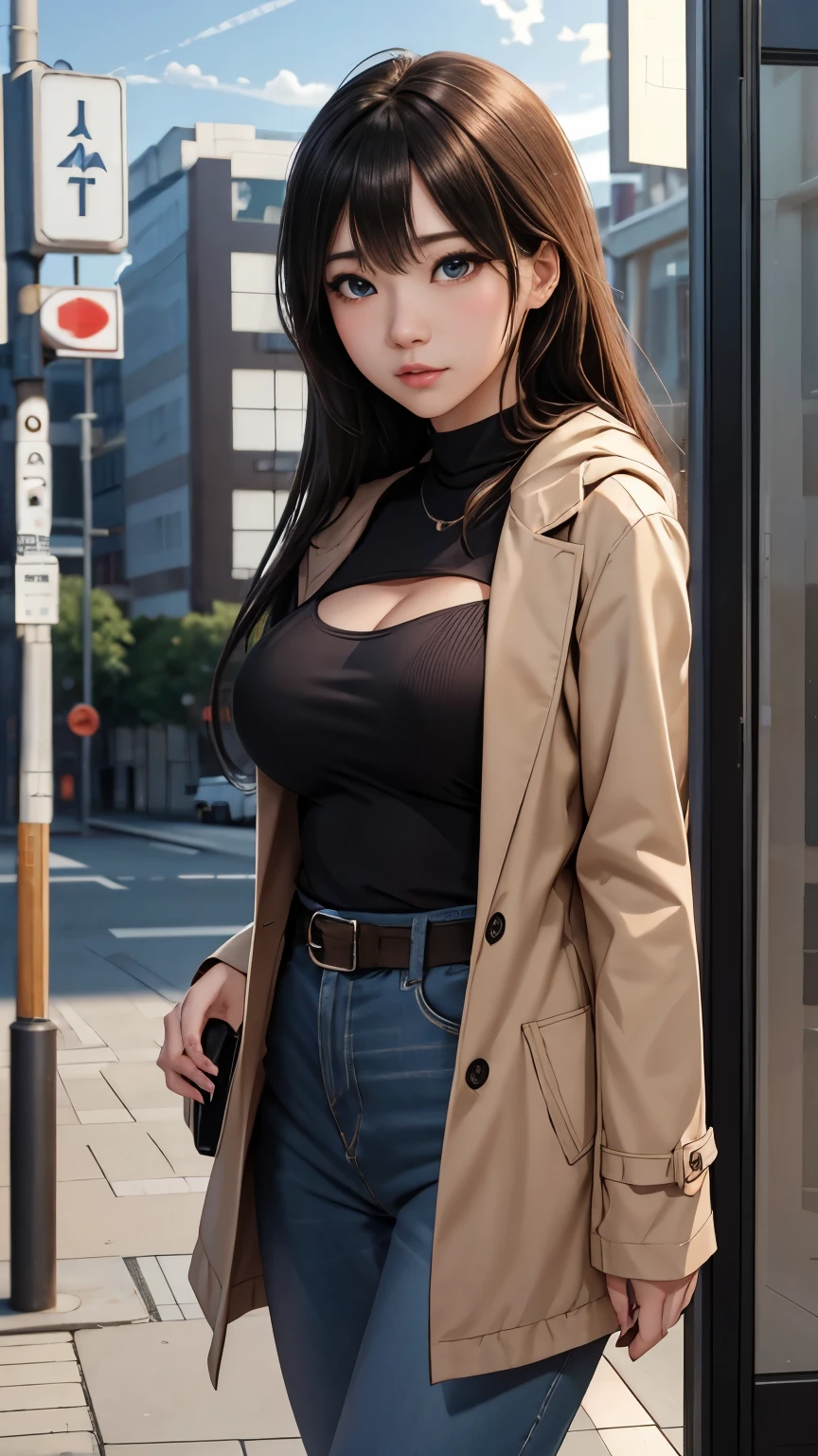 (masterpiece, top quality, ultra high definition, photo realistic, beautiful girl full of adult charm), 1girl in solo, dark silky hair, with scarf and hat, looking at the viewers, black eyes of light color, coat, deep V Winter clothes, White headscarf, lips, lip-gloss, bangs, closed mouth, nice body figure, large breasts, standing on the street like super model