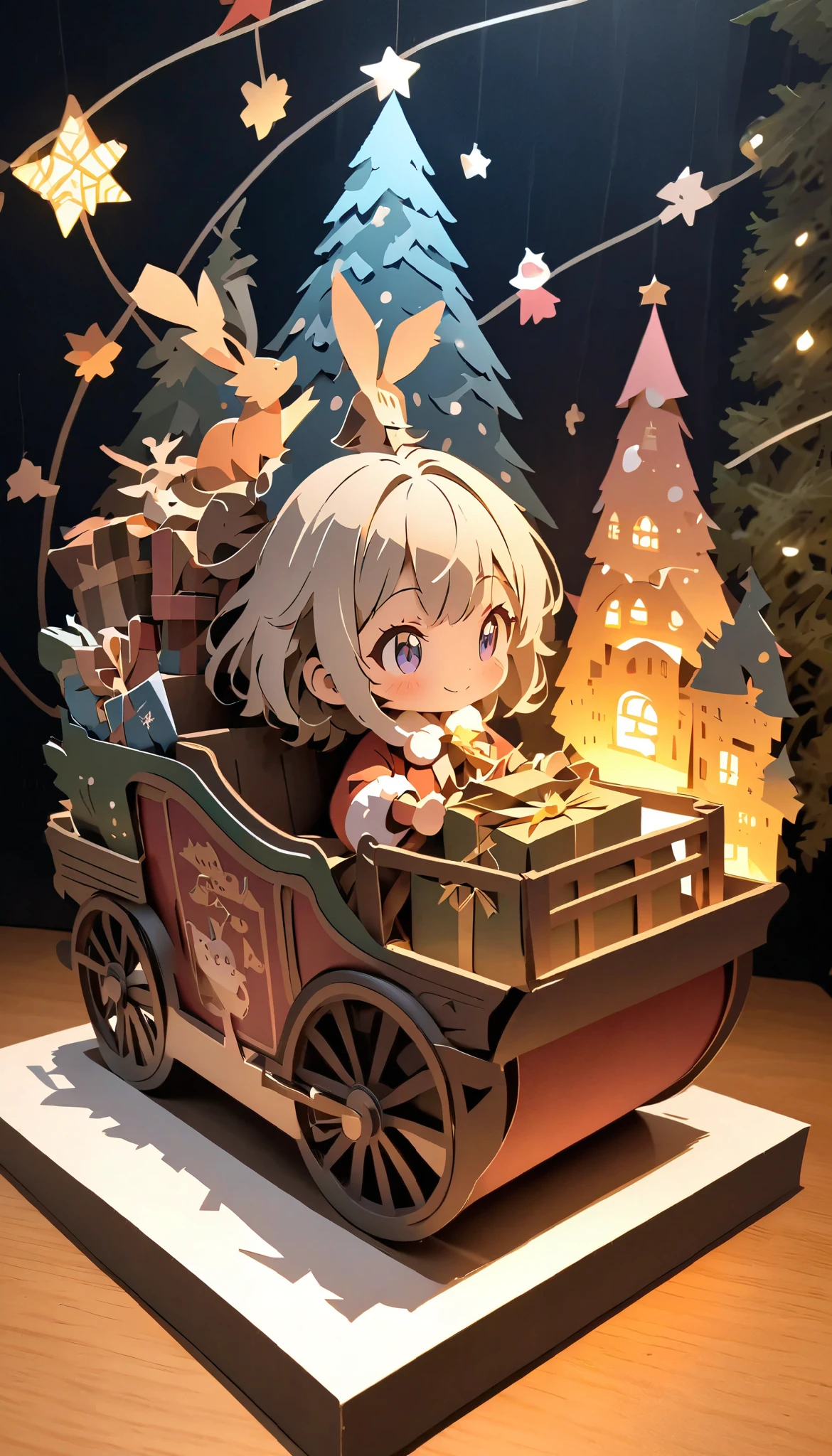 (masterpiece:1.2), ( top quality:1.2),  super high resolution,  very detailed,  perfect lighting , A werewolf girl riding a sleigh with lots of presents, Grey Hair,  Santa Claus costume, smile, Wink,  Christmas tree, cute,  pastel colors,  Paper Cut Art , flat paper cutouts , Paper Art,  digital art ,  anime style illustration  , anime illustration,  illuminated background, Paper cutting,  Christmas bright and pleasant macro photo 