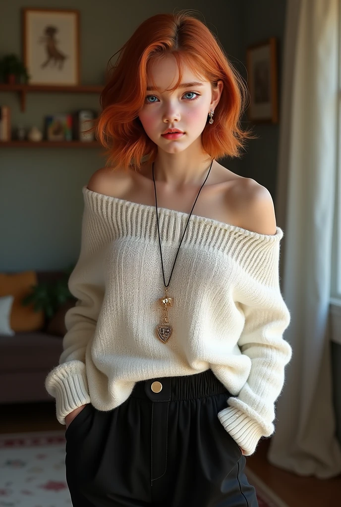 ((Best Quality)), ((masterpiece)), (detailed), 1 Redhead girl, off shoulder sweater, mini skirt, sitting open legs, without underwear
