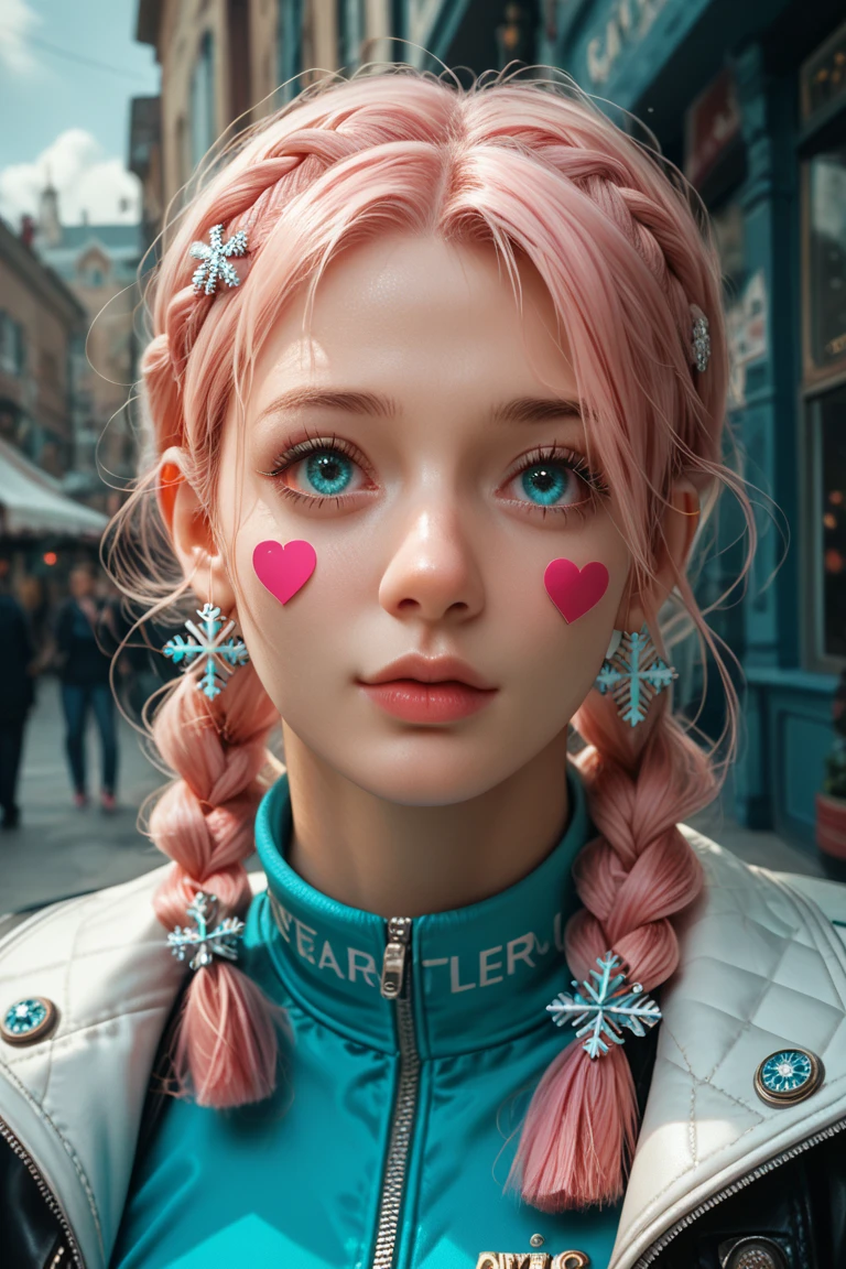  ultra detailed ,2d, realistic face,masterpiece,  best quality , highres, aaaqua, collections,  pierce hair, (hot pink hair,  hair braids), self-adhesive nipple stickers in the shape of a snowflake..