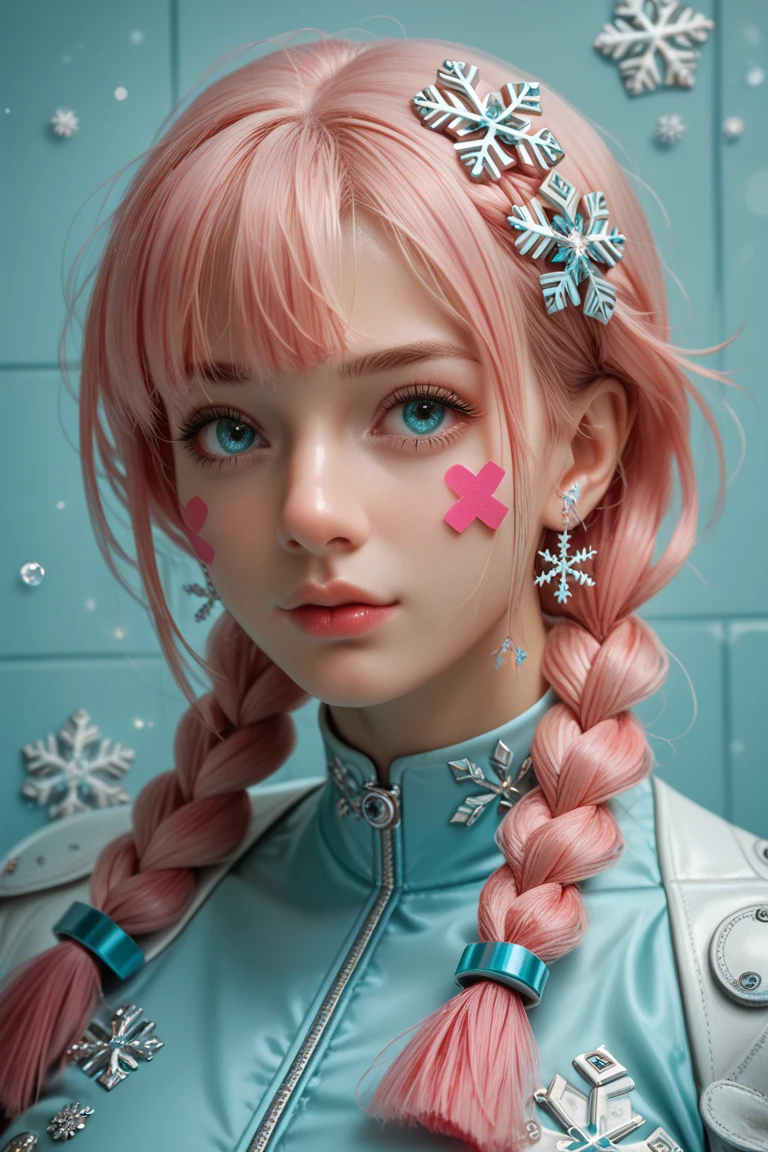  ultra detailed ,2d, realistic face,masterpiece,  best quality , highres, aaaqua, collections,  pierce hair, (hot pink hair,  hair braids), self-adhesive nipple stickers in the shape of a snowflake..