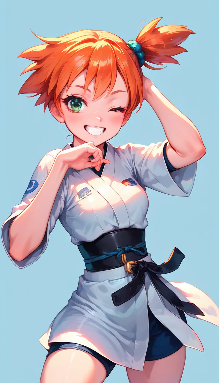 Misty_pokemon , Berry Short,Orange Hair, one side up hair ,Big green eyes,Small breasts,Skinny , a karate pose, wearing a karate gi, with a black belt, light blue uniform, winking, flirtatious smile, sweet girl, motion effect, light blue background with small drop-shaped drawings.