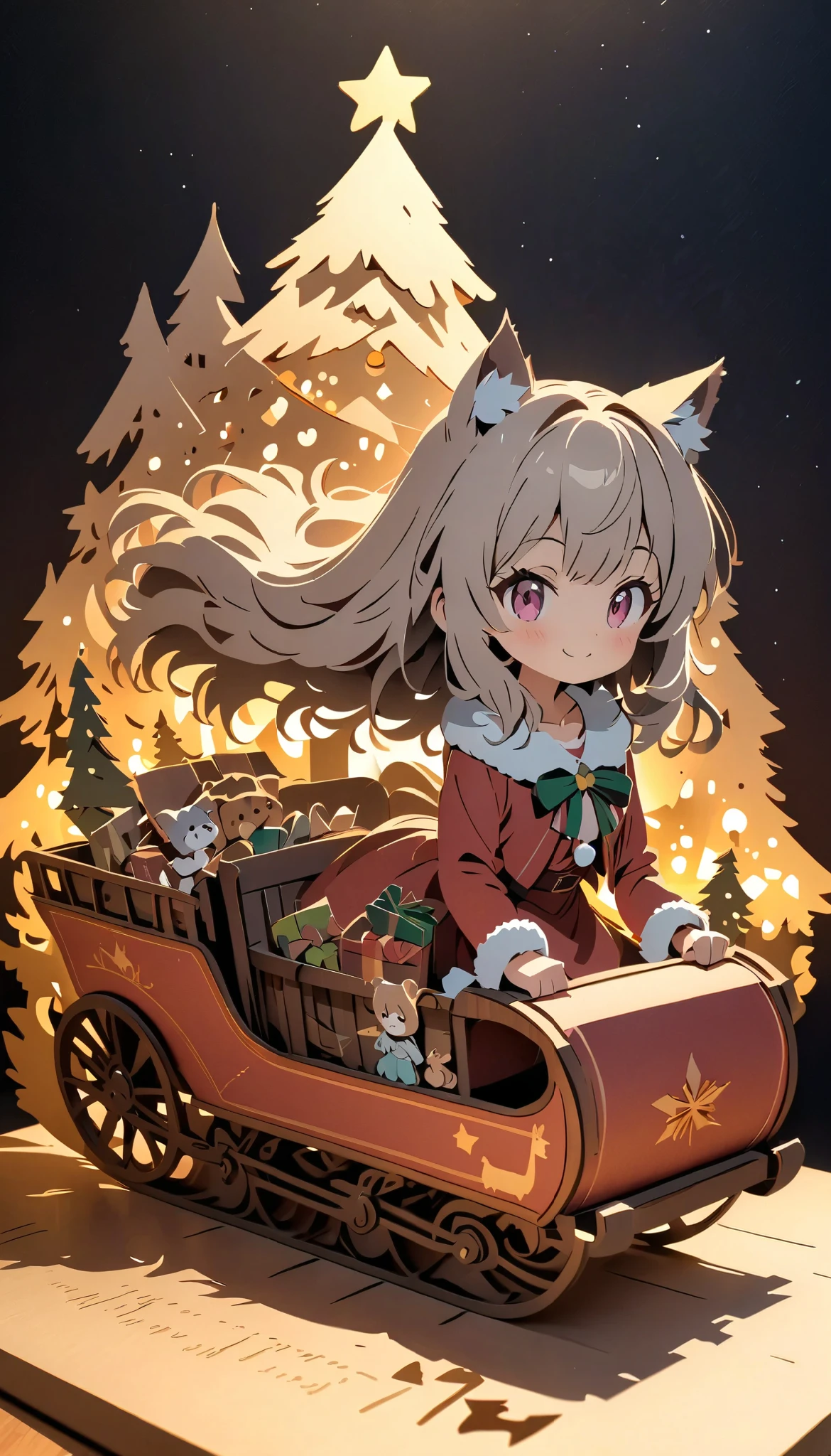 (masterpiece:1.2), ( top quality:1.2),  super high resolution,  very detailed, perfect lighting , A werewolf girl riding a sleigh with lots of presents, Grey Hair,  Santa Claus costume, smile, Wink,  Christmas tree, cute,  pastel colors,  Paper Cut Art , flat paper cutouts , Paper Art,  digital art ,  anime style illustration  , anime illustration,  illuminated background, Paper cutting,  Christmas bright and pleasant macro photo 