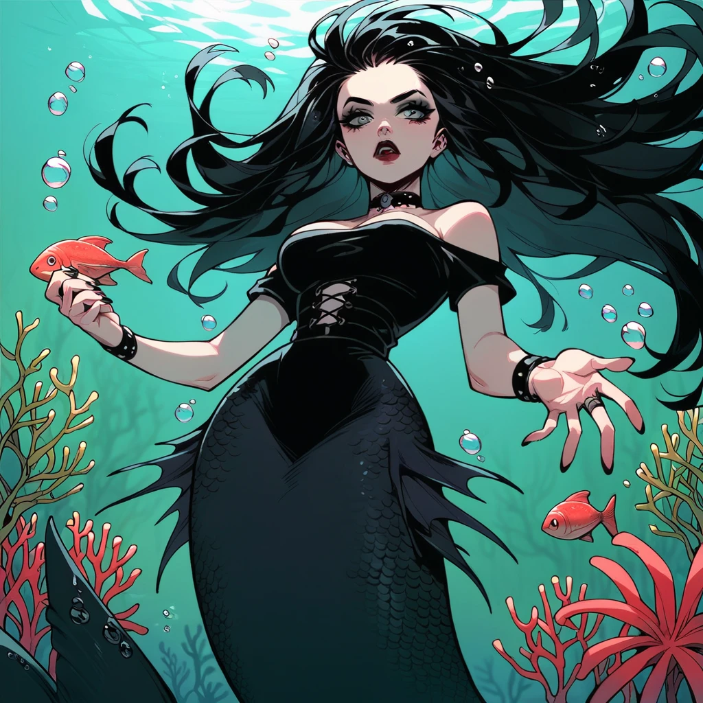 score_9, score_8_up, score_7_up, score_6_up, 1girl, black hair, long hair,  g4n1m3, goth, red lipstick, black mermaid, black mermaid tail, scales black mermaid tail below waistline, underwater, bubble airs, seaweed, coral, fish, starfish, 