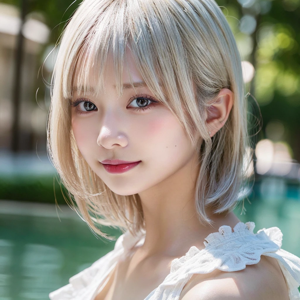 ((The 8k quality、proffesional、top-quality、​masterpiece：1.3))、realisitic、Photorealsitic、portlate、Slender Abs:1.2、( Full body:1.4)、Very cute Japan person、Slender Abs:1.2、((flat chest:1.3、AA Cup、Skinny Beautiful Girl:1.2))、((fullnude:1.3))、(outside of house:1.4)、Shiny platinum blonde hair、Silky straight shorthair、Beautiful bangs、Delicate and beautiful 14 year old beautiful girl、slender style、Highly detailed facial and skin texture、Beautiful detailed eyes、 charming big eyes、Black eyes、beautiful detailed nose、Cinematic、 ornate detail、(Wearing an aura:1.5)、(Looks Back、Emphasis on the back、Take photos from behind)、Best Looks、earring beautiful、perfect hand、Smile with your mouth wide open