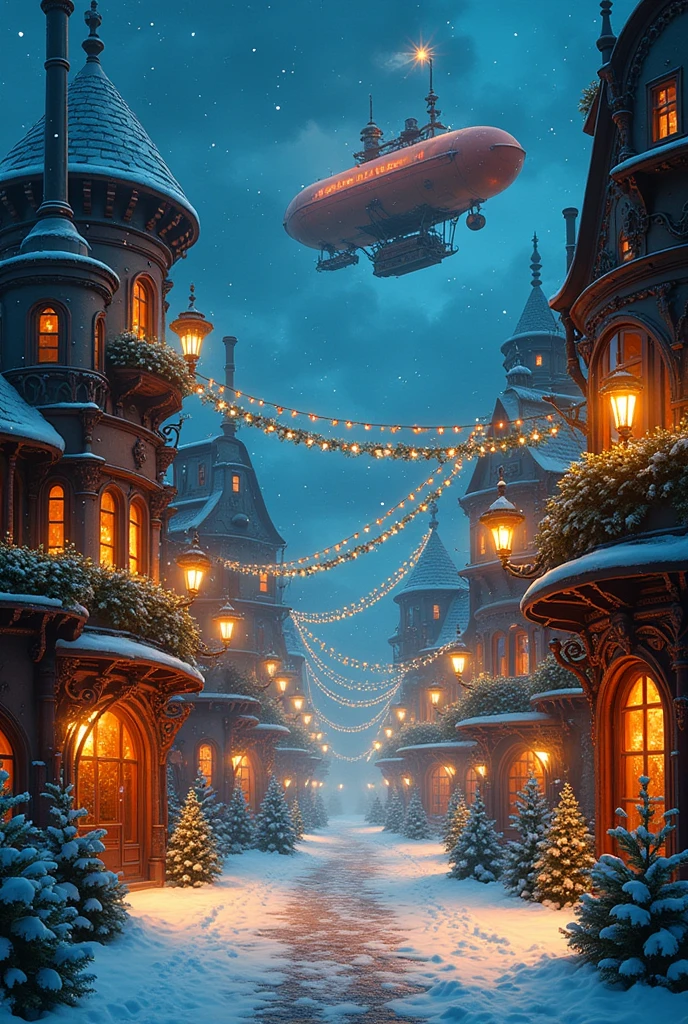 A vibrant Steampunk world illuminated for Christmas, featuring glowing LED lights and intricate steam-powered machinery. The scene is filled with festive decorations, gears, and pipes, creating a magical atmosphere. Snow gently falls, adding to the holiday spirit, while airships and steam engines navigate the sky, all in a colorful, detailed art style.