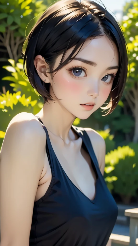 (((pixel-perfect, detail-perfect))), HDR, 4K, 1girl, solo, exposed back, looking at viewer, upper body, black hair, bob_hair, short-hair, short bob hair, (((bobcut) )), ((haircut:1.3)), undercut, bobbed hair, minibob, sidecut, buzz haircut, sidecut, side of head shaved, purple eyes, ((Shave his hair)), Short ear hair, graduation bob, (cowboy shot:1.5), straight short hair, buzzed nape, tank top, nike logo, ((Extremely precise and accurate anatomy:1.0)),Kind eyes,Graceful pose,(Beauty of form:1.4) Golden ratio, big eye,(nature's providence:1.4),