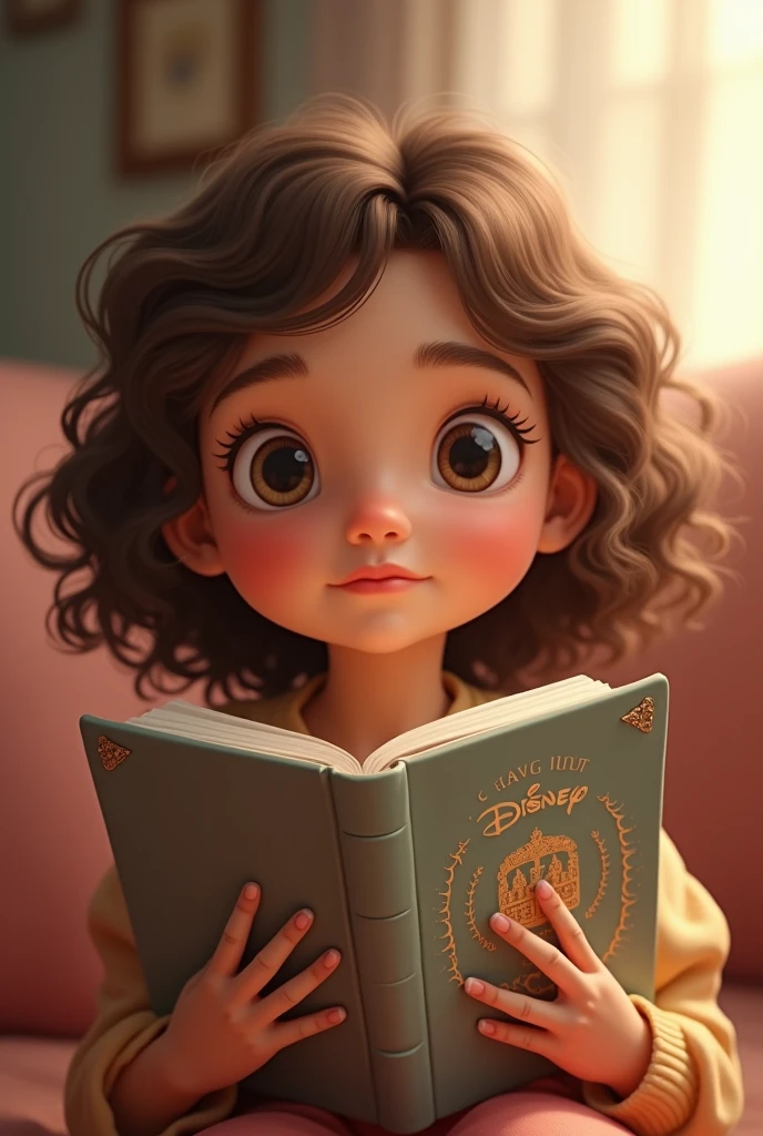 I want you to create a 6 year old , brown curly hair to shoulder ,eyes browns,with book in hands