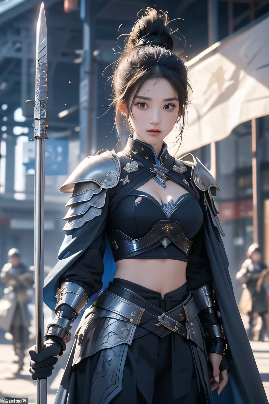 The female general had long black hair tied up in a high bun. Silver-blue armor, shoulder armor, large chest, cleavage, midriff, blue cloak, holding a spear as a weapon, in the middle of the battlefield, China, sky, flag, surrounded by male Chinese soldiers