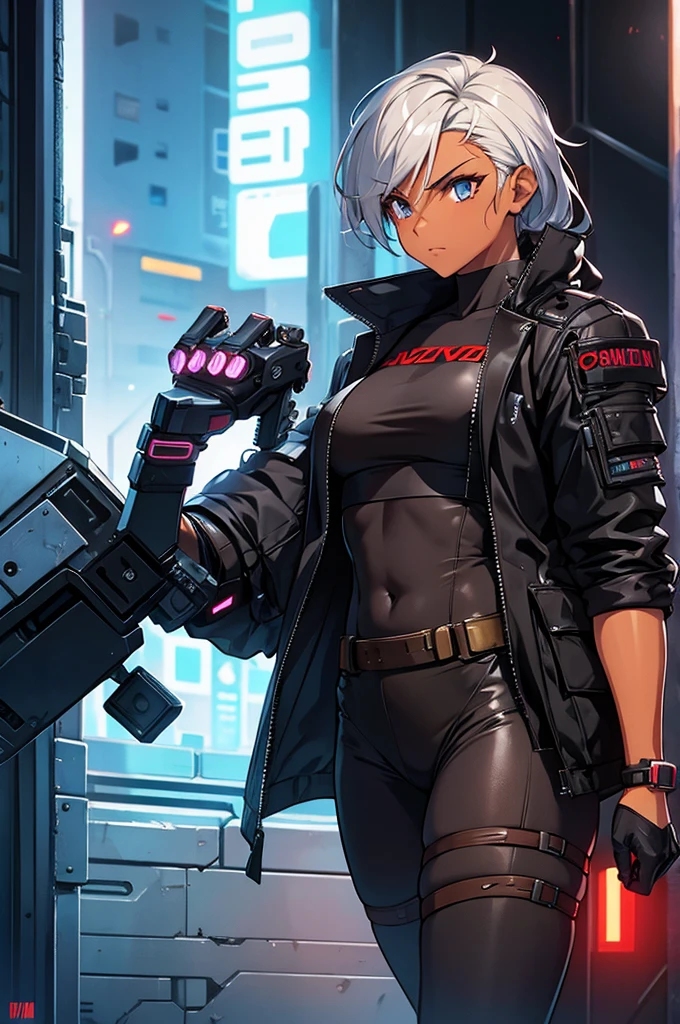 tanned skin female cyberpunk bodyguard in tight armor