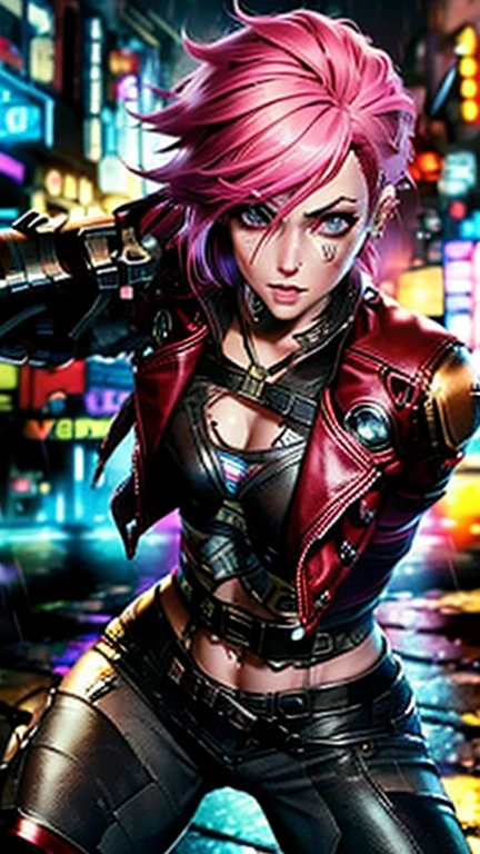 (best quality, 4k, highres, masterpiece:1.2), ultra-detailed, realistic, anime-style, Vi from League of Legends and Arcane, dark pink hair (pink hair:1.1), tattoo under the eye, red leather jacket (leather jacket:1.1), massive combat gloves (robot gloves:1.2), standing in an alley with glowing neon lights, cracked pavement underfoot, determined expression, bruises and dirt on her face, gritty urban background, nighttime cityscape with rain, dramatic lighting