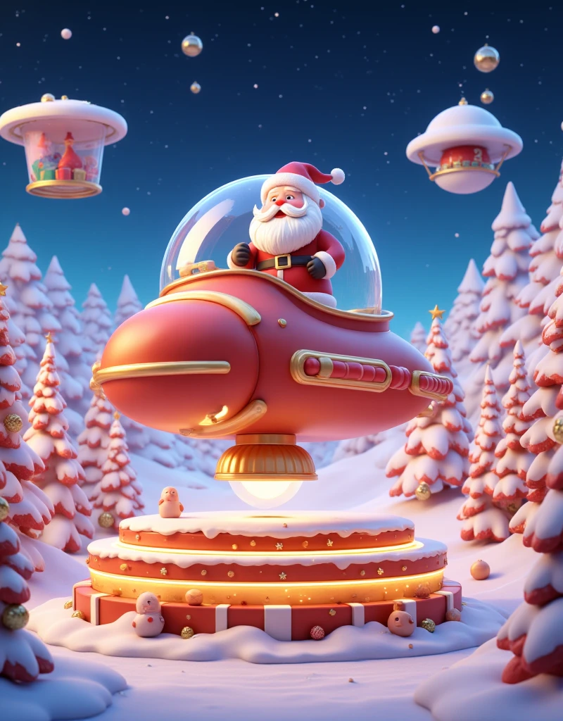 Santa Claus on a spaceship, circular orbit with floating islands around it, circular layered stage with Christmas themed decorations, elves and snowmen on stage, 3D style for Christmas atmosphere. Cartoon style, C4D rendering, details, high resolution and detail, vibrant and vivid colors