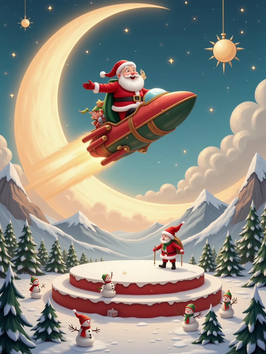 Santa Claus on a spaceship, circular orbit with floating islands around it, circular layered stage with Christmas themed decorations, elves and snowmen on stage, 3D style for Christmas atmosphere. Cartoon style, C4D rendering, details, high resolution and detail, vibrant and vivid colors