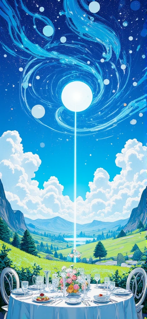  anime landscape scene of a sky with full moon on a plain, beautiful and harmonious dinner , Exquisite animation , rich details (the width is 672),  HIGH QUALITY, 4k clarity,  artistic wallpaper 4k ,  stunning anime landscape ,  8k art wallpaper .