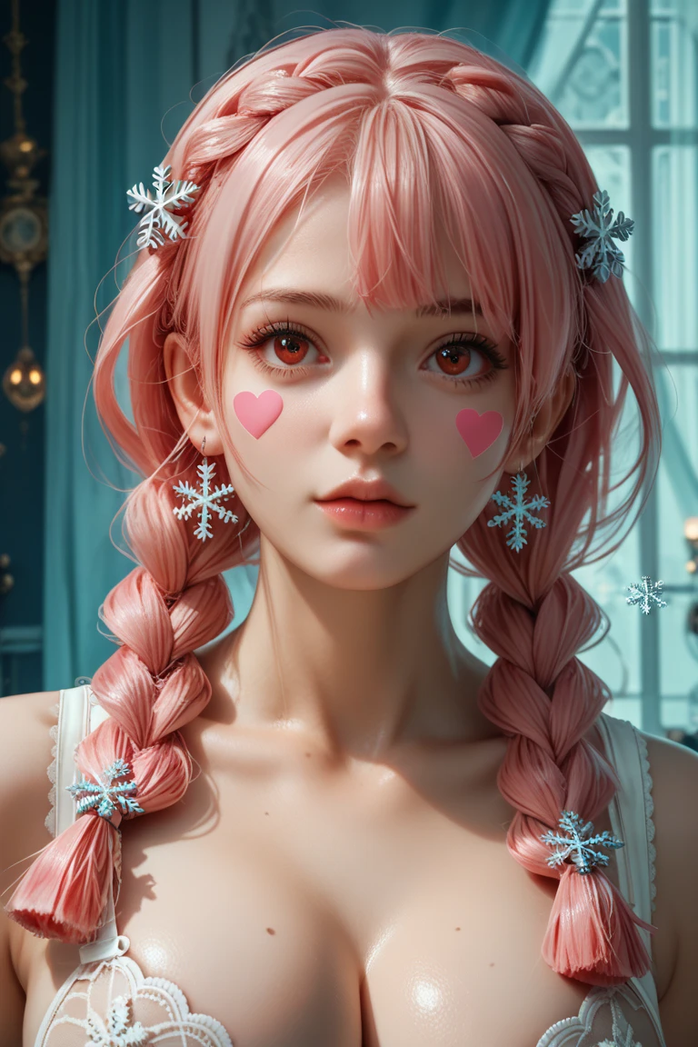  ultra detailed ,2d, realistic face,masterpiece,  best quality , highres, aaaqua, collections,  pierce hair, (hot pink hair,  hair braids),(intense red eyes)( very big breasts ),self-adhesive stickers for nipples lingerie in the shape of a snowflake..