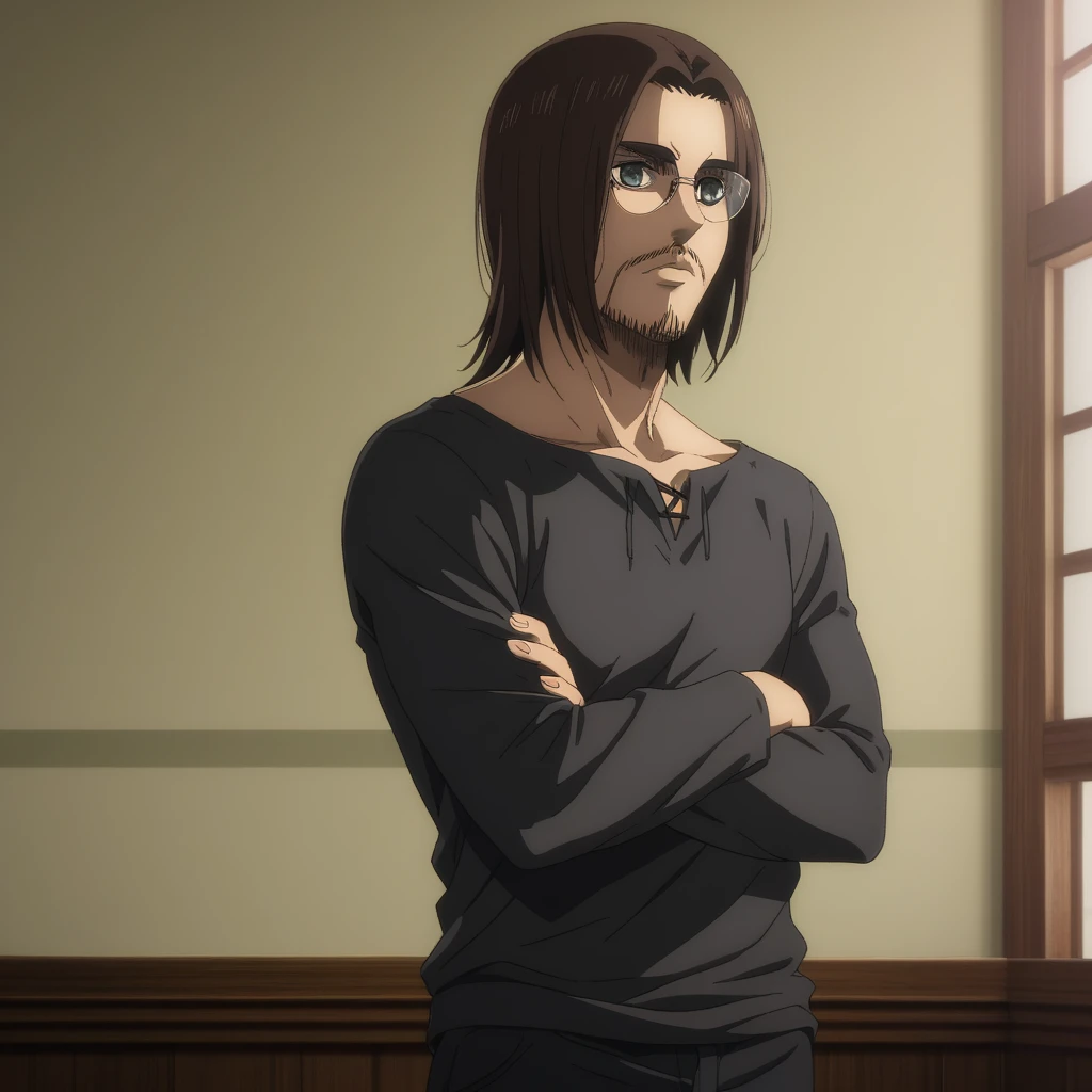 adult man, Does he have a handsome facial long beard , On a thin beak, His eyes are grey, well detailed eyes, relaxed gaze ,  dark brown hair ,  medium hair,  long sleeve black shirt ,  black pants ,  anime style  , attack on titan, type of animation animation company Mappa.  a single character,  HIGH QUALITY, good resolution, The character is looking at the spectator, The beard is a lumberjack type,  male anime character,  Detailed anime character art ,  official art , rostro de adult man, The character is standing,  looking in the front, crossed arms, The character wears glasses , 
