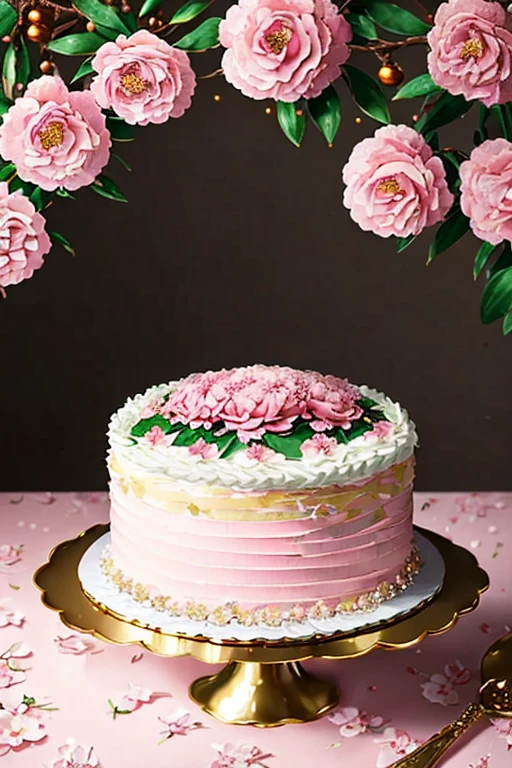 masterpiece、  top quality,  very detailed、8k、  high definition ,  scene、Food,Birthday cake( illustration of a beautiful pink rose flower drawn with strawberry jam on a cake)、Professional photographer's movie-like lighting 