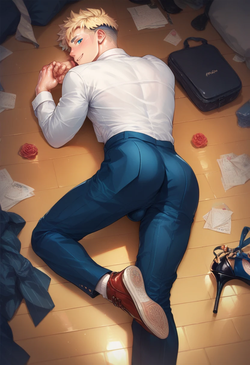 Blond-haired and blue-eyed cute twink boy in a suit lying on the floor showing his ass