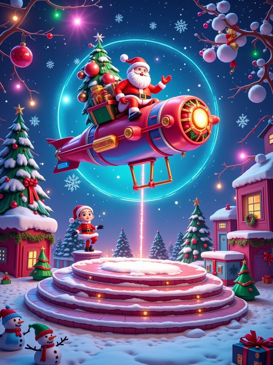 Santa Claus on a spaceship, circular orbit with floating islands around it, circular layered stage with Christmas themed decorations, elves and snowmen on stage, 3D style for Christmas atmosphere. Cartoon style, C4D rendering, details, high resolution and detail, vibrant and vivid colors