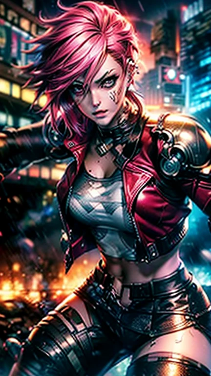 (best quality, 4k, highres, masterpiece:1.2), ultra-detailed, realistic, anime-style, Vi from League of Legends and Arcane, dark pink hair (pink hair:1.1), tattoo under the eye, red leather jacket (leather jacket:1.1), massive combat gloves (robot gloves:1.2), standing in an alley with glowing neon lights, cracked pavement underfoot, determined expression, bruises and dirt on her face, gritty urban background, nighttime cityscape with rain, dramatic lighting