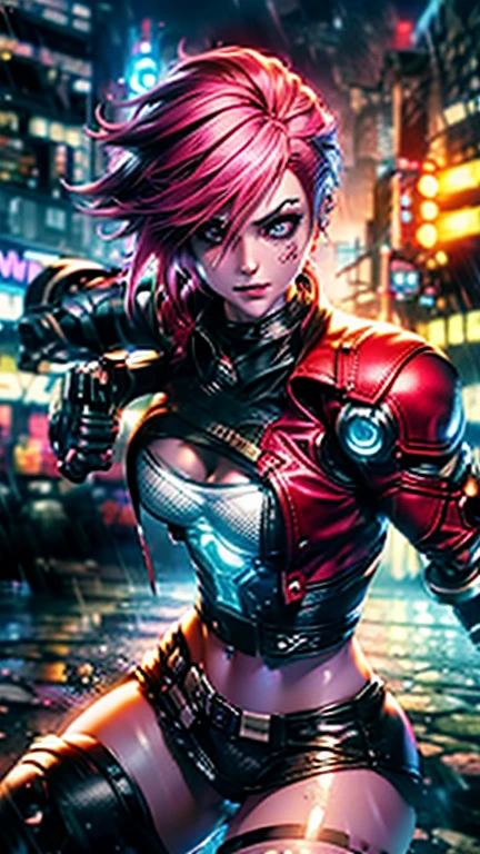 (best quality, 4k, highres, masterpiece:1.2), ultra-detailed, realistic, anime-style, Vi from League of Legends and Arcane, dark pink hair (pink hair:1.1), tattoo under the eye, red leather jacket (leather jacket:1.1), massive combat gloves (robot gloves:1.2), standing in an alley with glowing neon lights, cracked pavement underfoot, determined expression, bruises and dirt on her face, gritty urban background, nighttime cityscape with rain, dramatic lighting