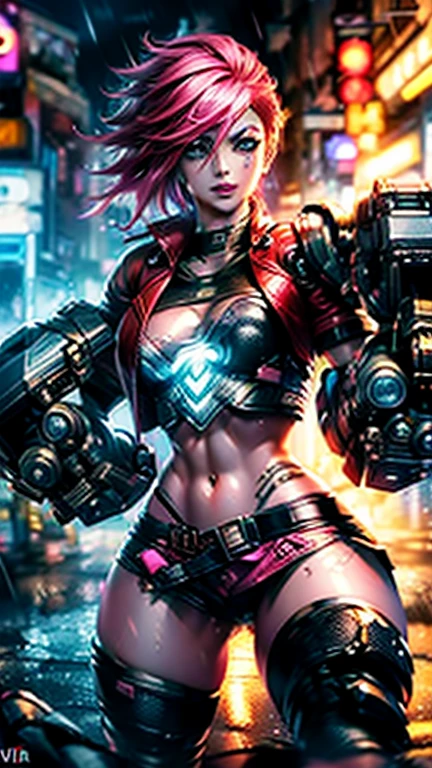 (best quality, 4k, highres, masterpiece:1.2), ultra-detailed, realistic, anime-style, Vi from League of Legends and Arcane, dark pink hair (pink hair:1.1), tattoo under the eye, red leather jacket (leather jacket:1.1), massive combat gloves (robot gloves:1.2), standing in an alley with glowing neon lights, cracked pavement underfoot, determined expression, bruises and dirt on her face, gritty urban background, nighttime cityscape with rain, dramatic lighting