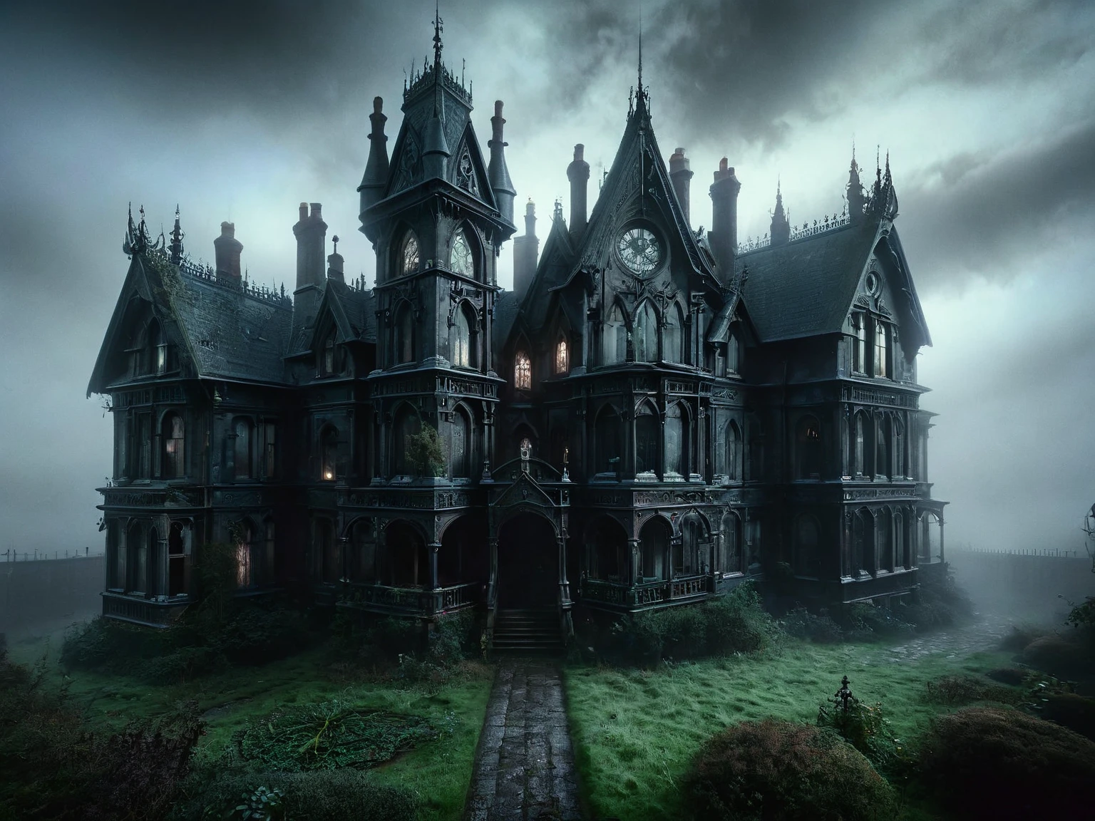 Ais-rcn, an eerie Victorian mansion shrouded in fog, its windows dark and foreboding, hiding secrets of occult practices within its walls, as whispers echo through the abandoned halls cinematic