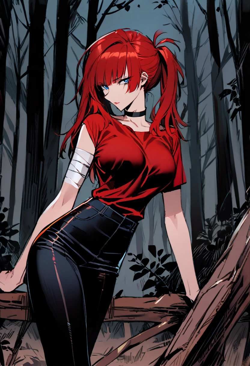 1girl, long messy hair, red hair, two sides up, messy bangs, pointy bags, blue eye, big breasts, black choker, red t-shirt, Bandaged right arm black pants, woods background, seductive pose, looking at viewer