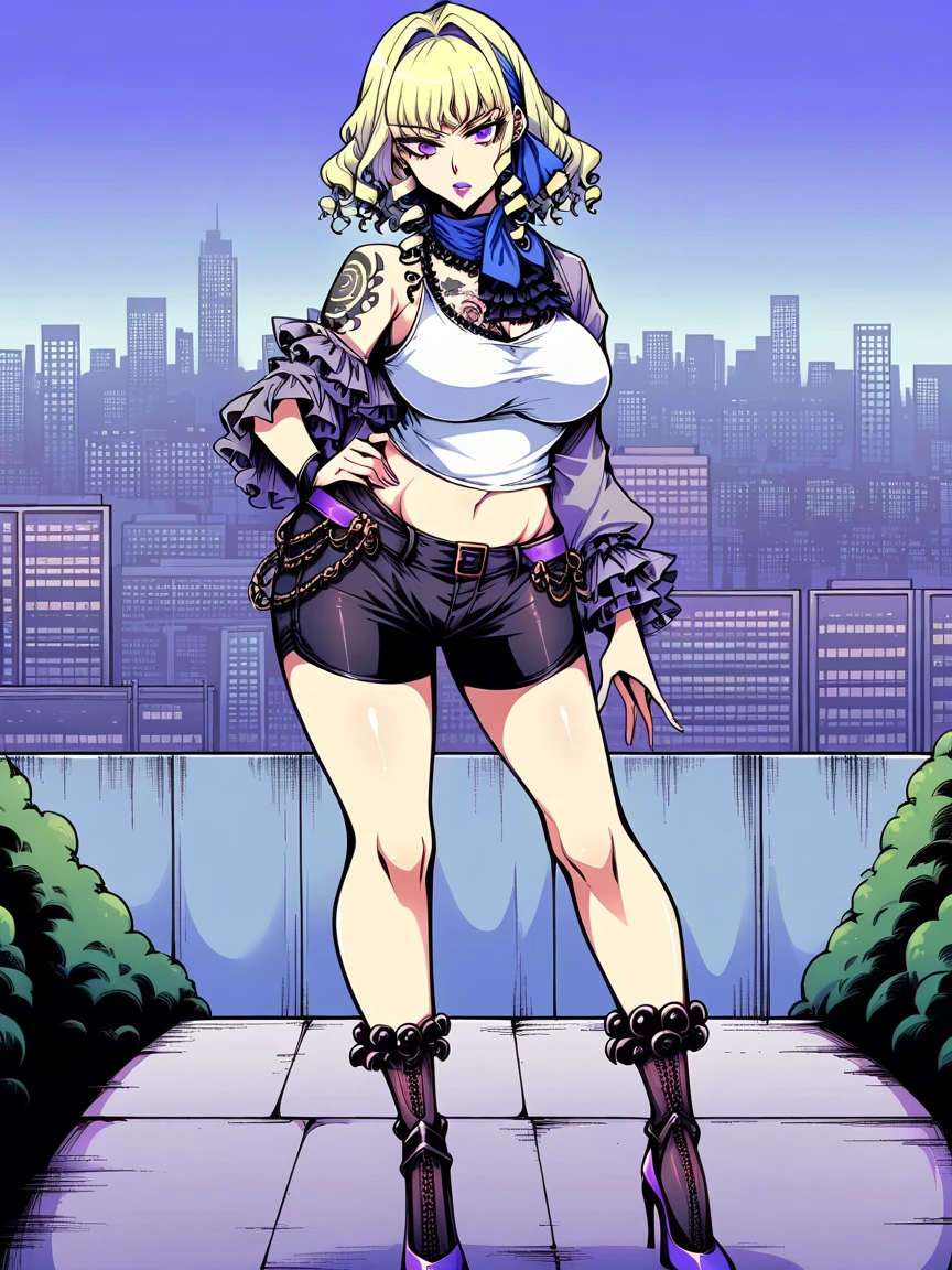 t4ts, tattoos, tattoo, 1girl, Constance von Nuvelle, blonde hair, tank top, booty shorts, high heels, purple eyes, standing, city background, crop top, large breasts, 